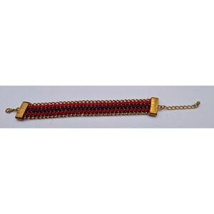 Woven Chain Link Bracelet Gold Tone Magenta Purple Red Ribbon Statement Boho